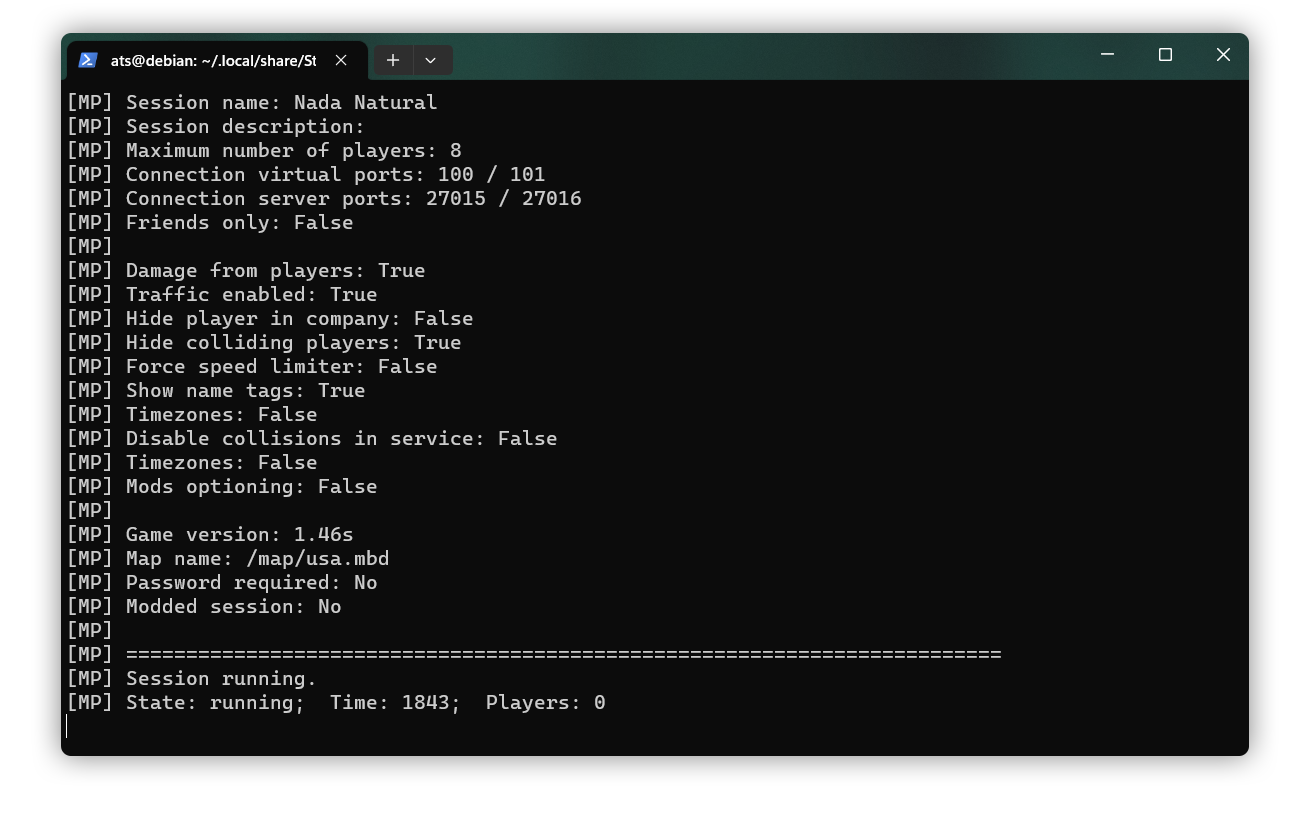 Servidor de American Truck Simulator rodando em Debian 11.
